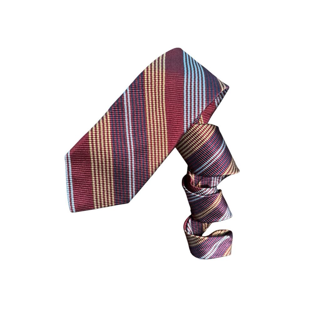 Paul Fredrick Silk Tie Long‎ Burgundy Blue Gold Striped Mens Necktie Career Work
